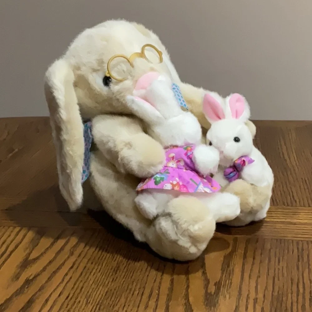 Cream and White Plush Stuffed Talking 3 Bunny Set for Easter